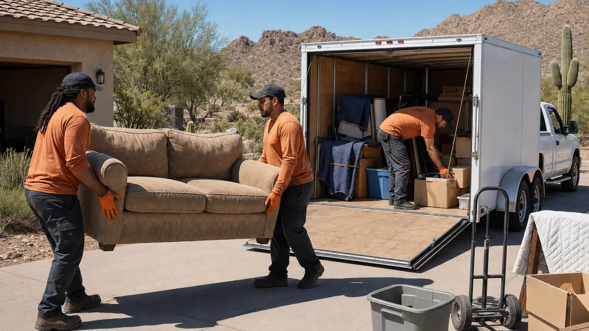 An orderly professional cleanout crew loading furniture at a Phoenix property