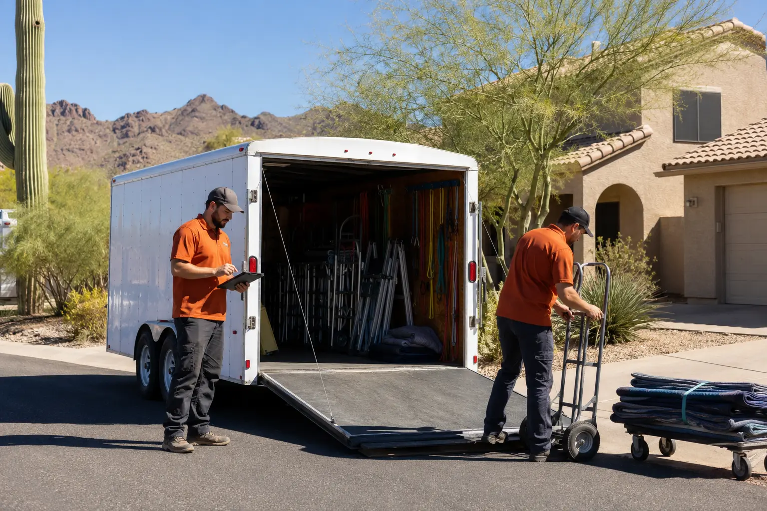A local property cleanout crew preparing equipment beside a trailer at a Phoenix Valley home