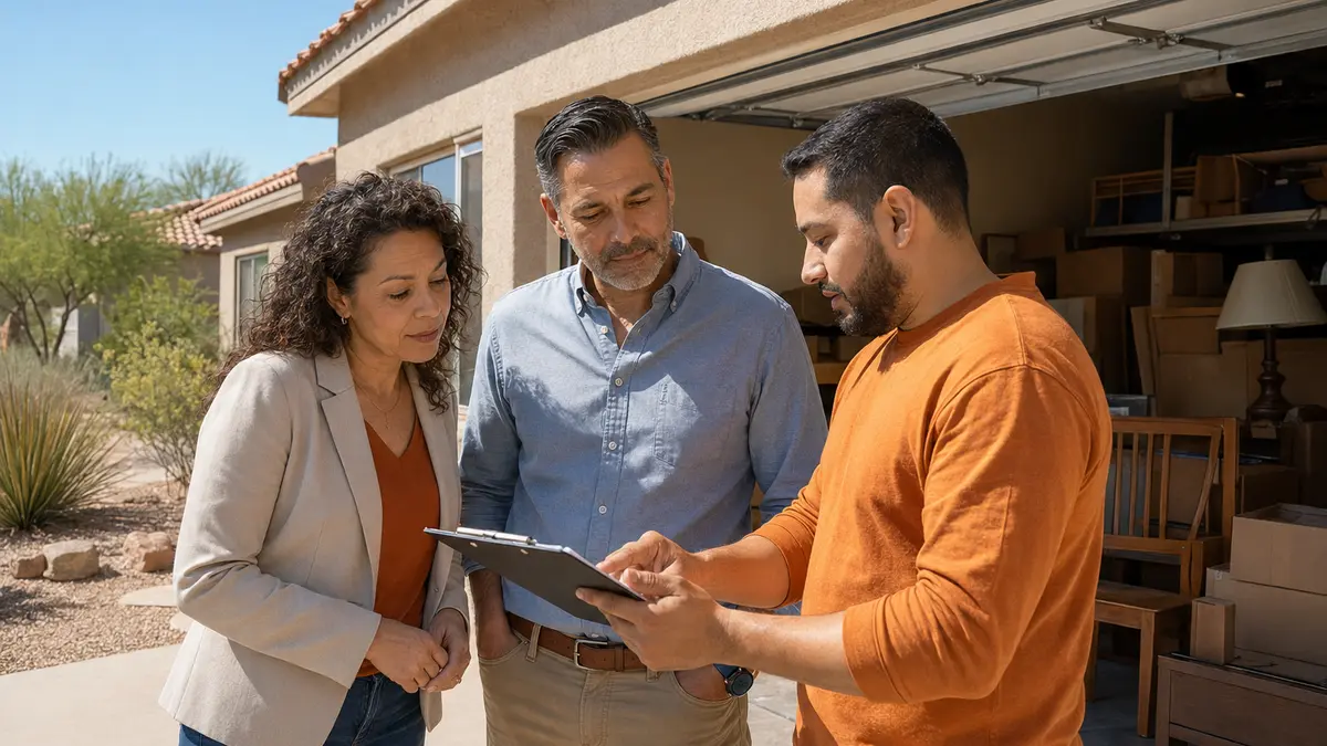 A Phoenix property manager and homeowner reviewing a cleanout with a service professional
